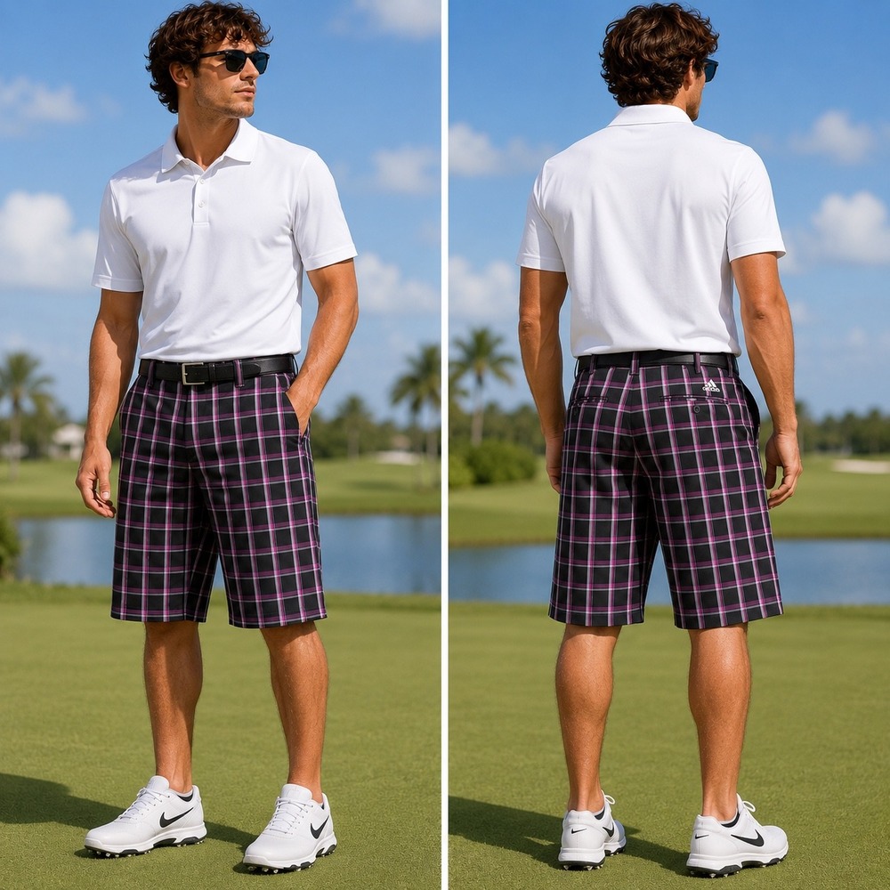 Adidas Golf Men's size 40 plaid shorts (black, purple, pink) poly Stretch